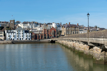 Bideford, North Devon, England UK. March 2019. Bideford town and the Bideford Long bridge built in...