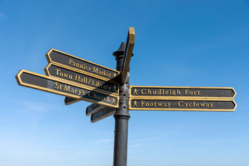 Fototapeta premium Bideford, North Devon, England UK. March 2019. Bideford town signpost to places in the town centre.