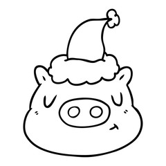 line drawing of a pig face wearing santa hat
