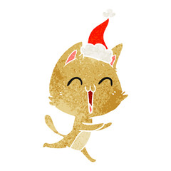 happy retro cartoon of a cat meowing wearing santa hat