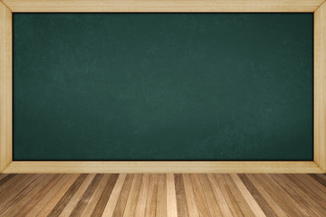 blackboard with wooden frame on wood floor , for background texture with copy space