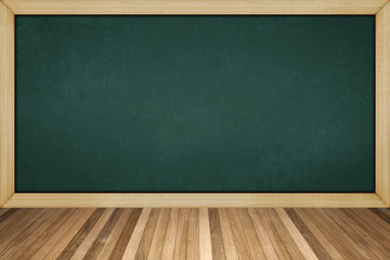 blackboard with wooden frame on wood floor , for background texture with copy space