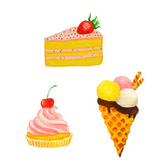 set of cakes and ice cream