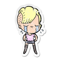 distressed sticker of a cartoon crying girl