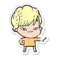 distressed sticker of a cartoon happy woman