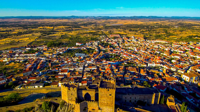Alburquerque. Historical village of Badajoz. Extremadura, Spain. Drone photo
