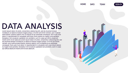Data analysis vector isometric illustration. Website landing page template. Abstract 3d isometric landing page on white background
