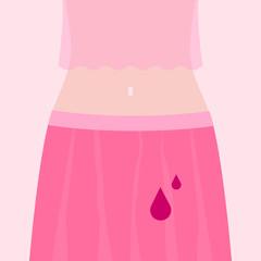 Girl with drop of blood on her skirt. Menstruation concept. Women period vector illustration in cartoon flat style