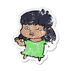 distressed sticker of a cartoon worried woman