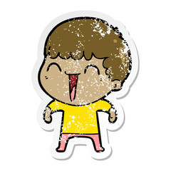 distressed sticker of a cartoon happy man