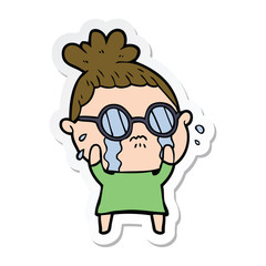 sticker of a cartoon crying woman wearing spectacles