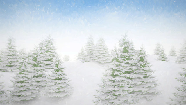 Christmas background digital painting effect winter scenery landscape with falling snow and blue sky