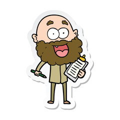 sticker of a cartoon crazy happy man with beard and clip board for notes