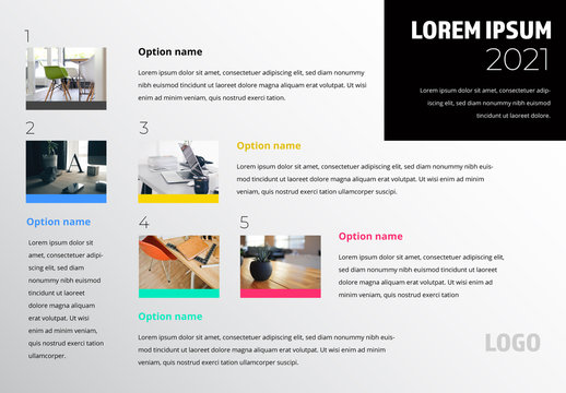 Infographic Dashboard with 5 Sections and Photo Placeholders