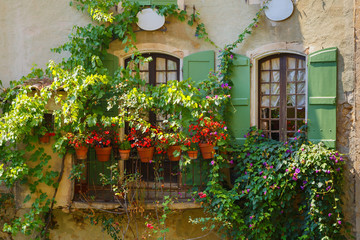 Old vintage windows with flowers, wooden green shutters, white curtains, in the old house of French village, sunlit, light and shadows, France, Provence. Travel France.