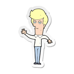 sticker of a cartoon bored man waving