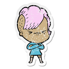 distressed sticker of a cartoon annoyed hipster girl