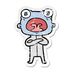 distressed sticker of a cartoon weird alien communicating