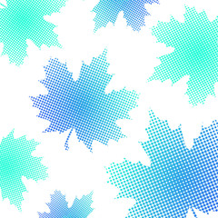 Bright maple leaves from small halftone circles on a white background.