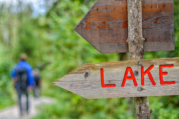 A simple self-made signpost on the backpacker trail, Lake Bohinj, Slovenia