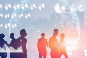 Obraz premium Business team in city, infographics, planet