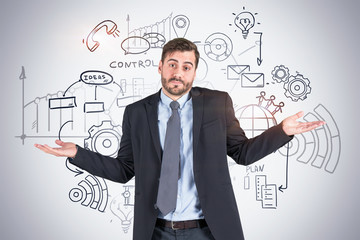 Shrugging shoulders man, business strategy