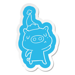 cartoon  sticker of a content pig wearing santa hat