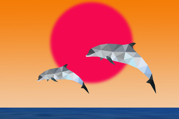 2 dauphins sautant au coucher de soleil en origami