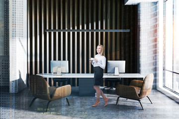 Woman in wooden and concrete manager office