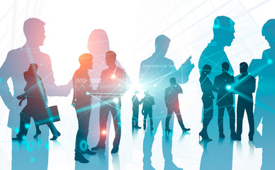 Business people in city, binary code