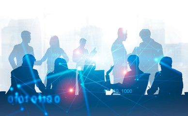 Business people at table, binary code