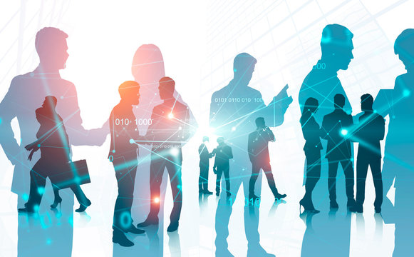 Business people in city, binary code