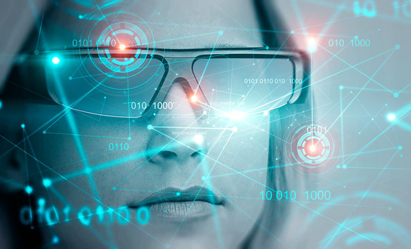 Blonde Woman In AR Glasses, Binary Code And Hud