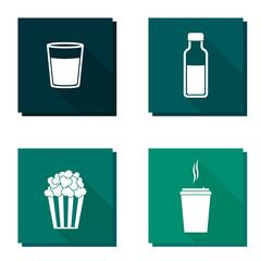 Vector icon set with long shadow disposable cup of coffee. Box of popcorn, milk bottle, glass with drink.