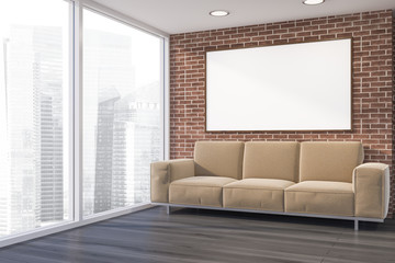 Brick living room corner, sofa and poster