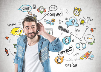 Casual young man listening, social media