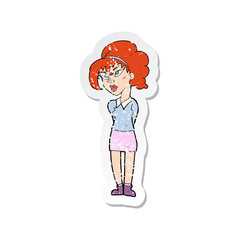 retro distressed sticker of a cartoon pretty girl tilting head