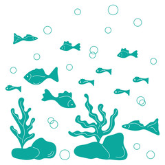 Fototapeta na wymiar Doodle background. Fishes, underwater plants. Vector