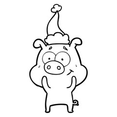 happy line drawing of a pig wearing santa hat