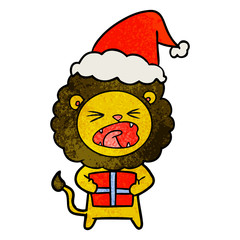 textured cartoon of a lion with christmas present wearing santa hat