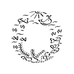 Round frame with marine fish and plants . Doodle background for your text .