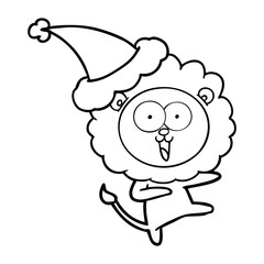 happy line drawing of a lion wearing santa hat