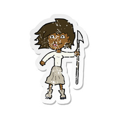 retro distressed sticker of a cartoon woman with spear