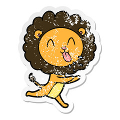 distressed sticker of a happy cartoon lion