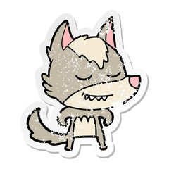 distressed sticker of a friendly cartoon wolf