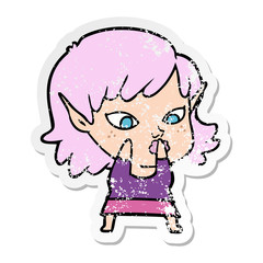 distressed sticker of a pretty cartoon elf girl