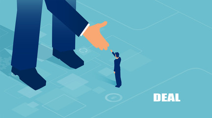 Vector of small business man supported by unknown big investor giving him opportunity.