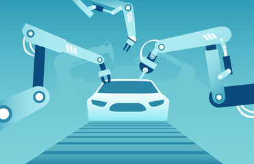Vector of robotic arms assembling a modern car.