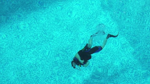 the diver trains to dive in the pool, swimming under water