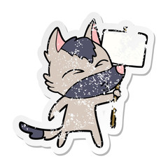 distressed sticker of a cartoon wolf with protest sign
